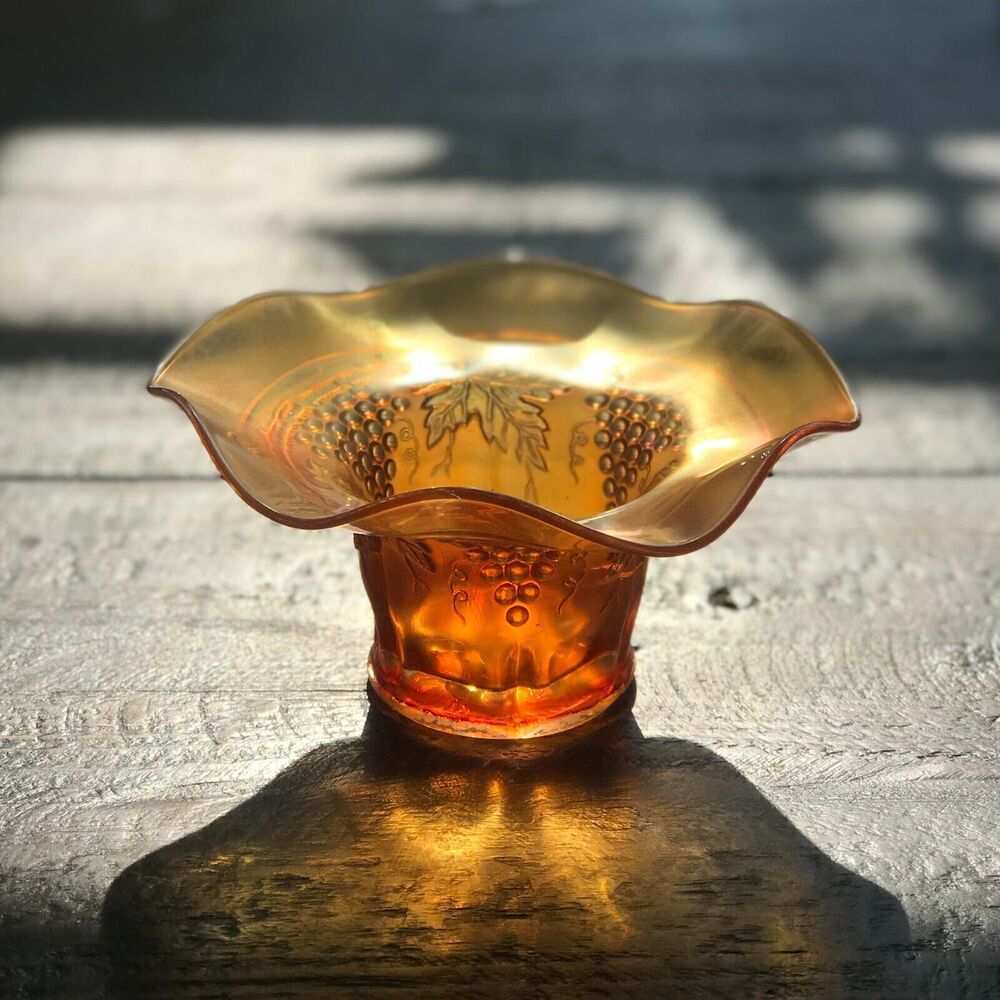 Carnival Glass Ruffle Hat Vase or Votive Grapevine Grape Motif Fenton Northwood?